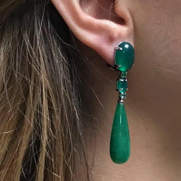 Jades, Agates and Emeralds Black Gold 18 Karats Chandelier Earrings — France - Picture 6 of 6